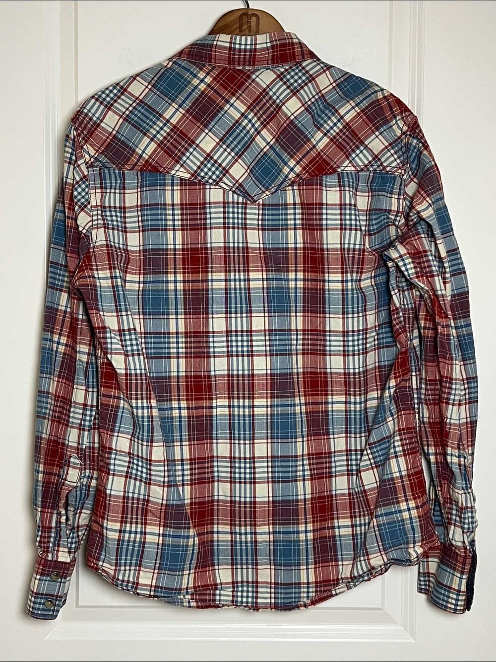 Wrangler Retro Red, Blue & Cream Plaid Western Shirt Snap Buttons Medium - Picture 2 of 7